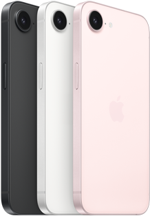 Un iPhone 17e nero in orizzontale mostrato da dietro, un iPhone 17e bianco in orizzontale mostrato da dietro, un iPhone 17e rosa chiaro in orizzontale mostrato da dietro, fotocamera Fusion nella parte superiore, tasto laterale